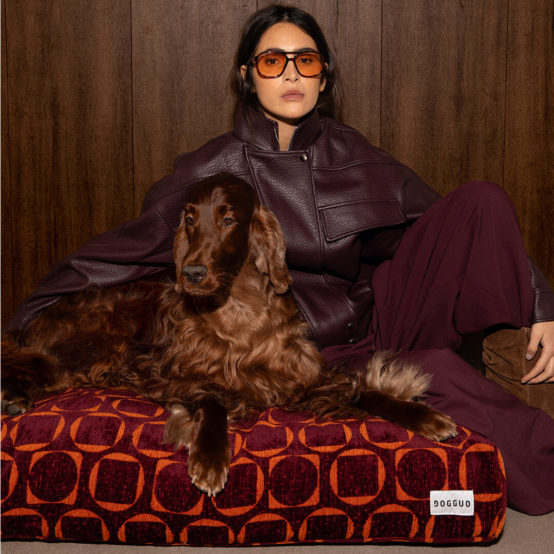 DOGGUO - Retro hondenmand - Bordeaux/Oranje