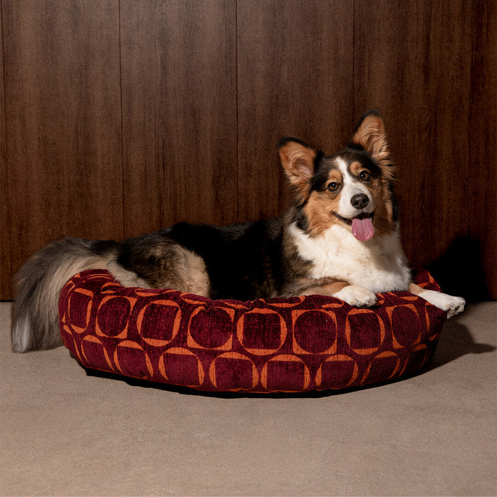 DOGGUO - Retro ronde hondenmand - Bordeaux/Oranje