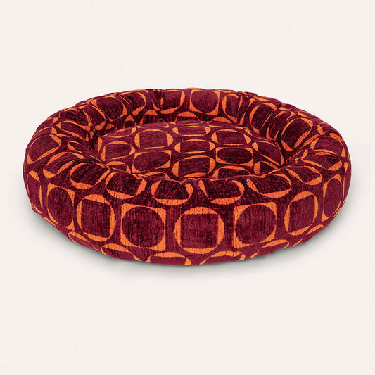 DOGGUO - Retro ronde hondenmand - Bordeaux/Oranje