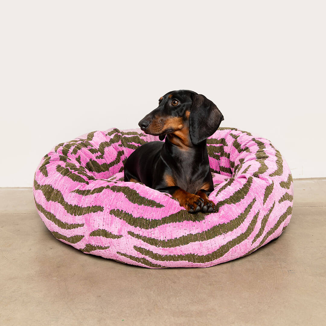 DOGGUO - Zebra Round Dog Bed - Pink / Green