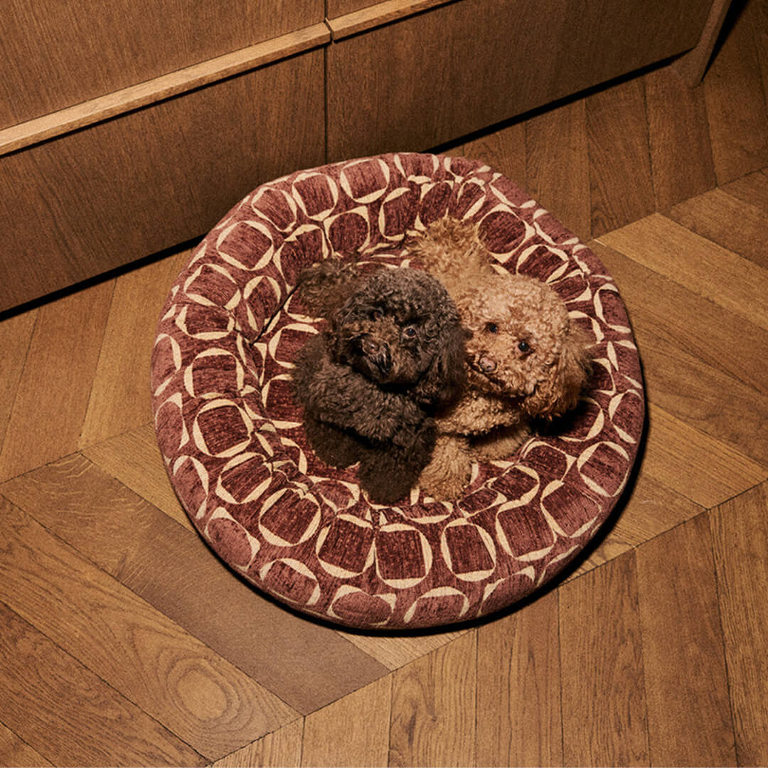 DOGGUO - Retro ronde hondenmand - Bruin/Geel