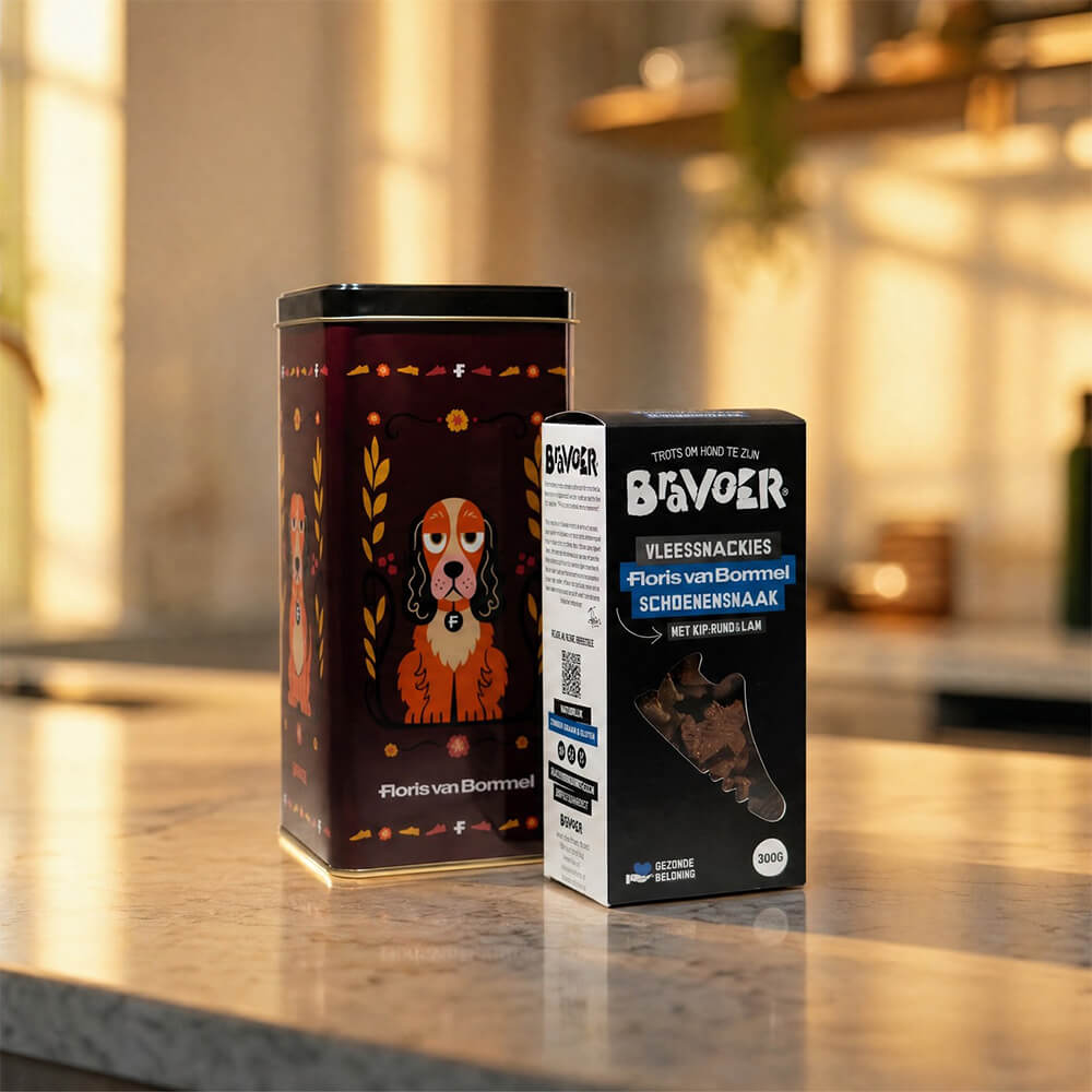 BRAVOER x Floris van Bommel Hondensnackies in bewaarblik